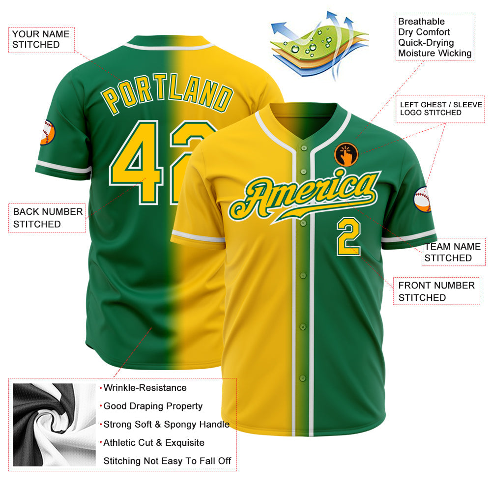 Custom Kelly Green Yellow-White Authentic Gradient Fashion Baseball Jersey baseball jersey product view 2
