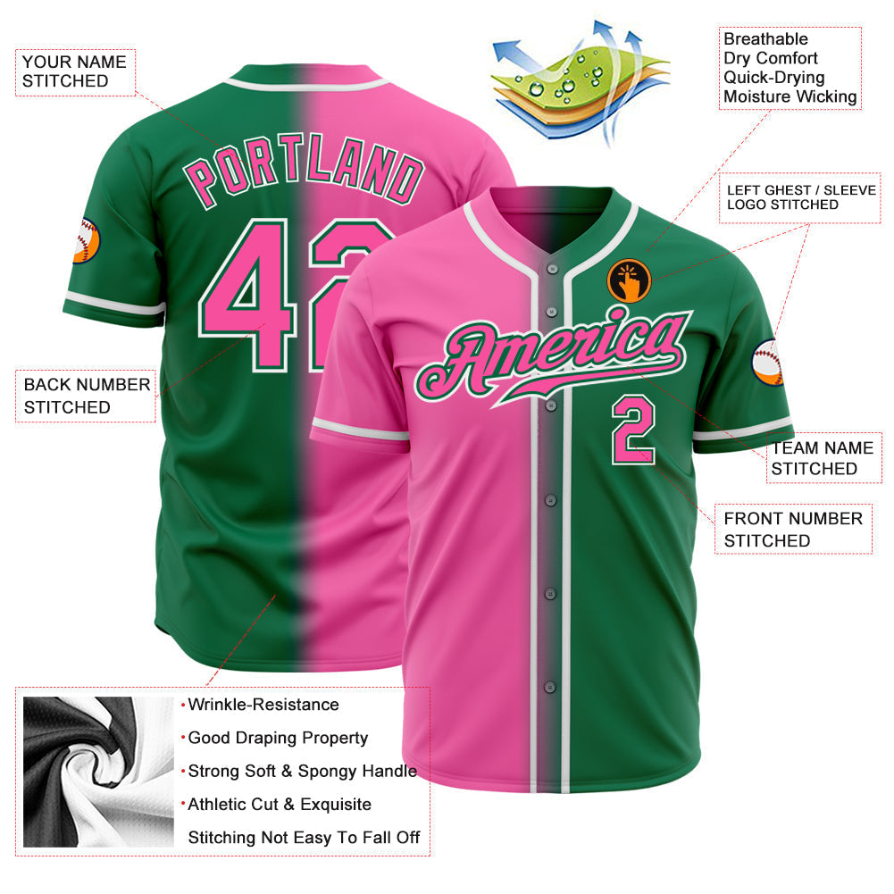 Custom Kelly Green Pink-White Authentic Gradient Fashion Baseball Jersey baseball jersey product view 2