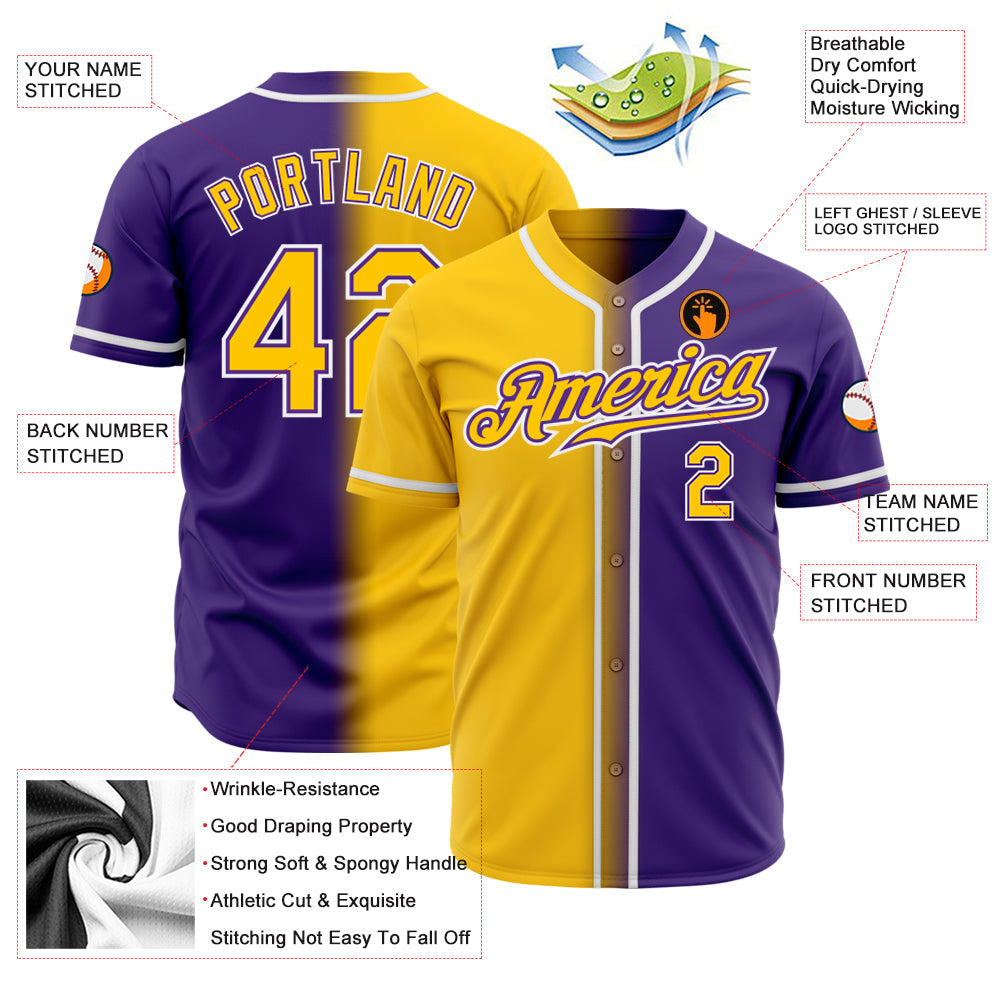 Custom Purple Yellow-White Authentic Gradient Fashion Baseball Jersey baseball jersey product view 3