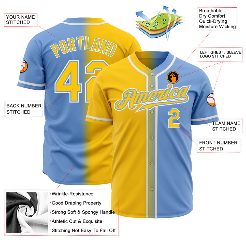 Custom Light Blue Yellow-White Authentic Gradient Fashion Baseball Jersey baseball jersey product view 2