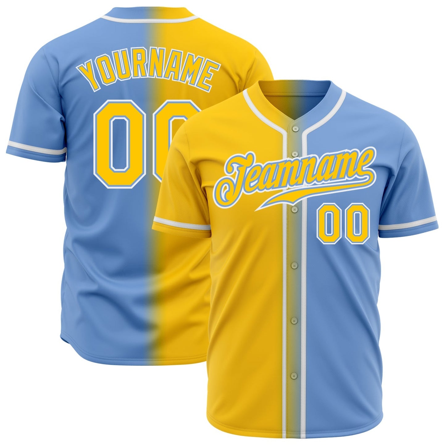 Custom Light Blue Yellow-White Authentic Gradient Fashion Baseball Jersey baseball jersey product view 1