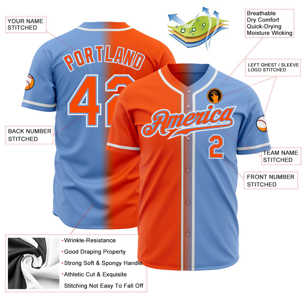 Custom Light Blue Orange-White Authentic Gradient Fashion Baseball Jersey baseball jersey product view 2