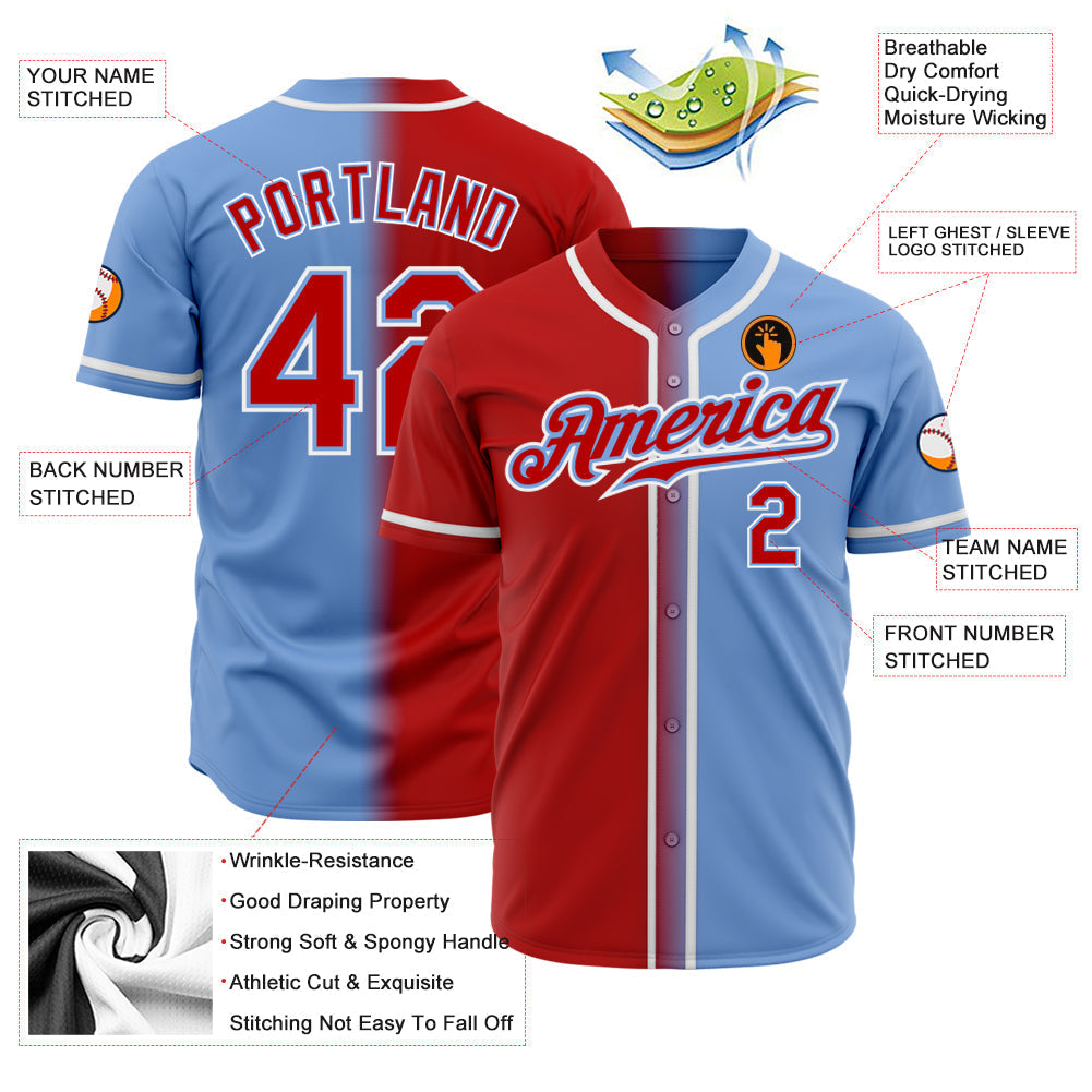Custom Light Blue Red-White Authentic Gradient Fashion Baseball Jersey baseball jersey product view 2