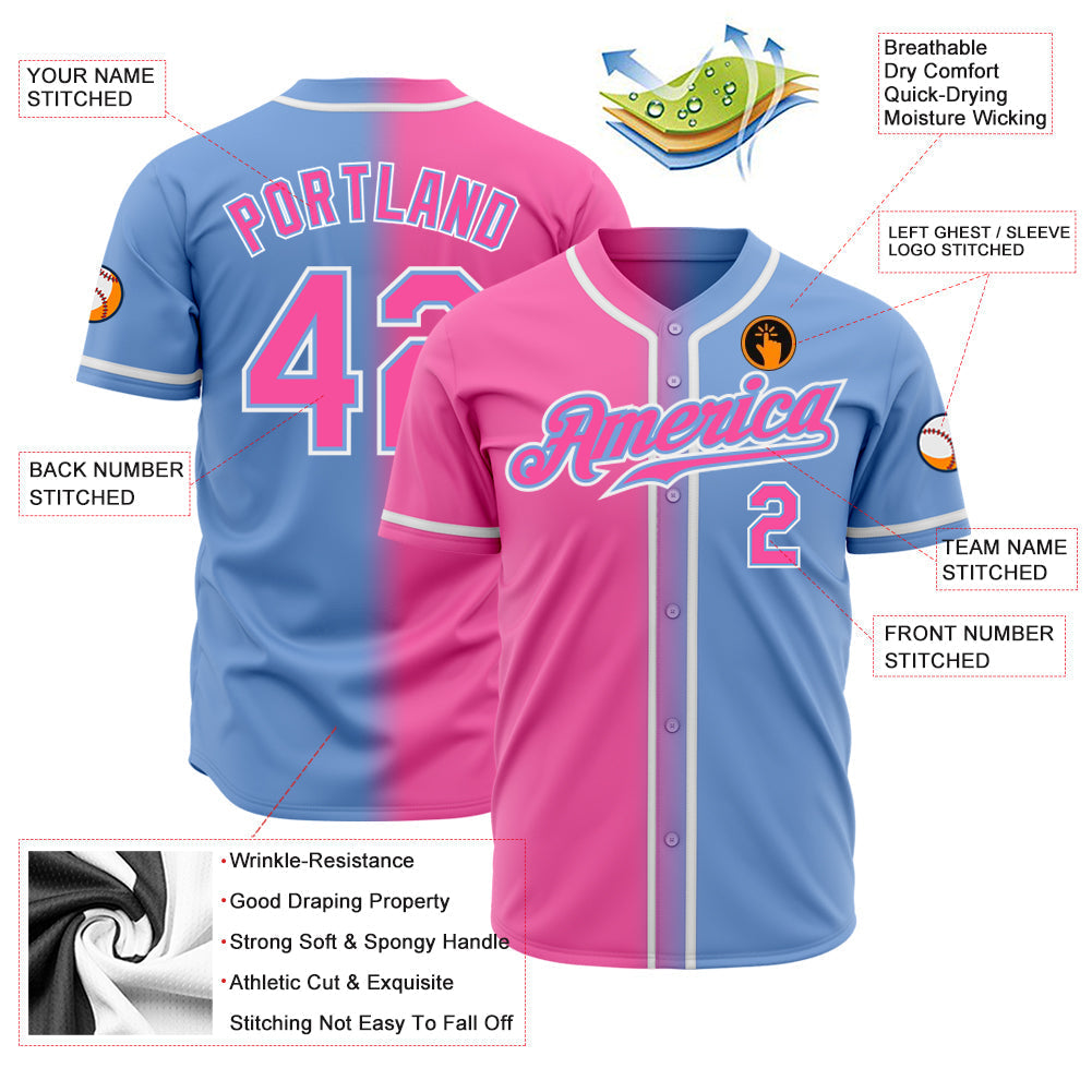 Custom Light Blue Pink-White Authentic Gradient Fashion Baseball Jersey baseball jersey product view 2