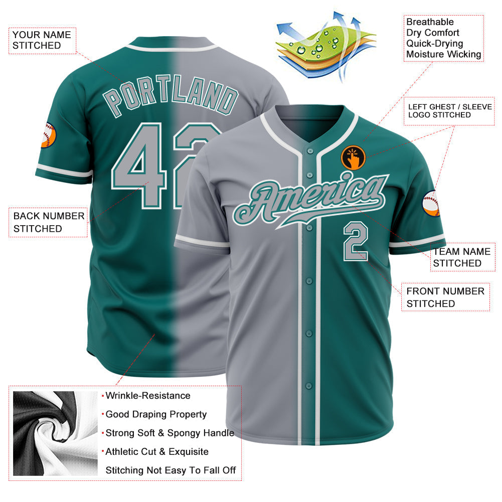 Custom Teal Gray-White Authentic Gradient Fashion Baseball Jersey baseball jersey product view 2