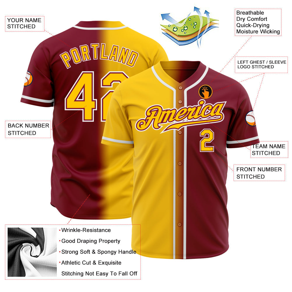 Custom Crimson Yellow-White Authentic Gradient Fashion Baseball Jersey baseball jersey product view 2