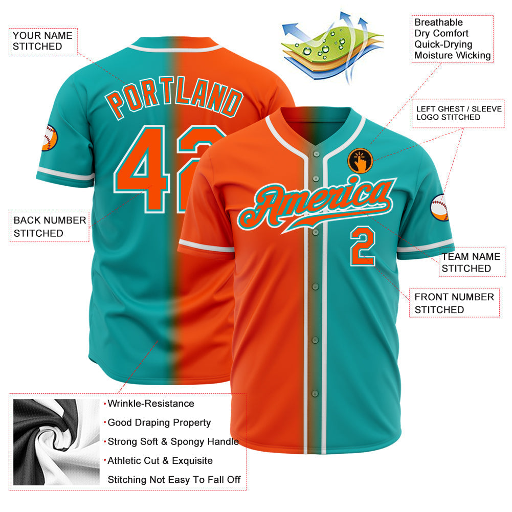 Custom Aqua Orange-White Authentic Gradient Fashion Baseball Jersey baseball jersey product view 2