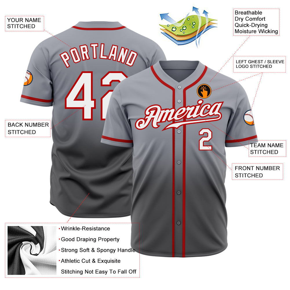 Custom Gray White Steel Gray-Red Authentic Fade Fashion Baseball Jersey baseball jersey product view 2