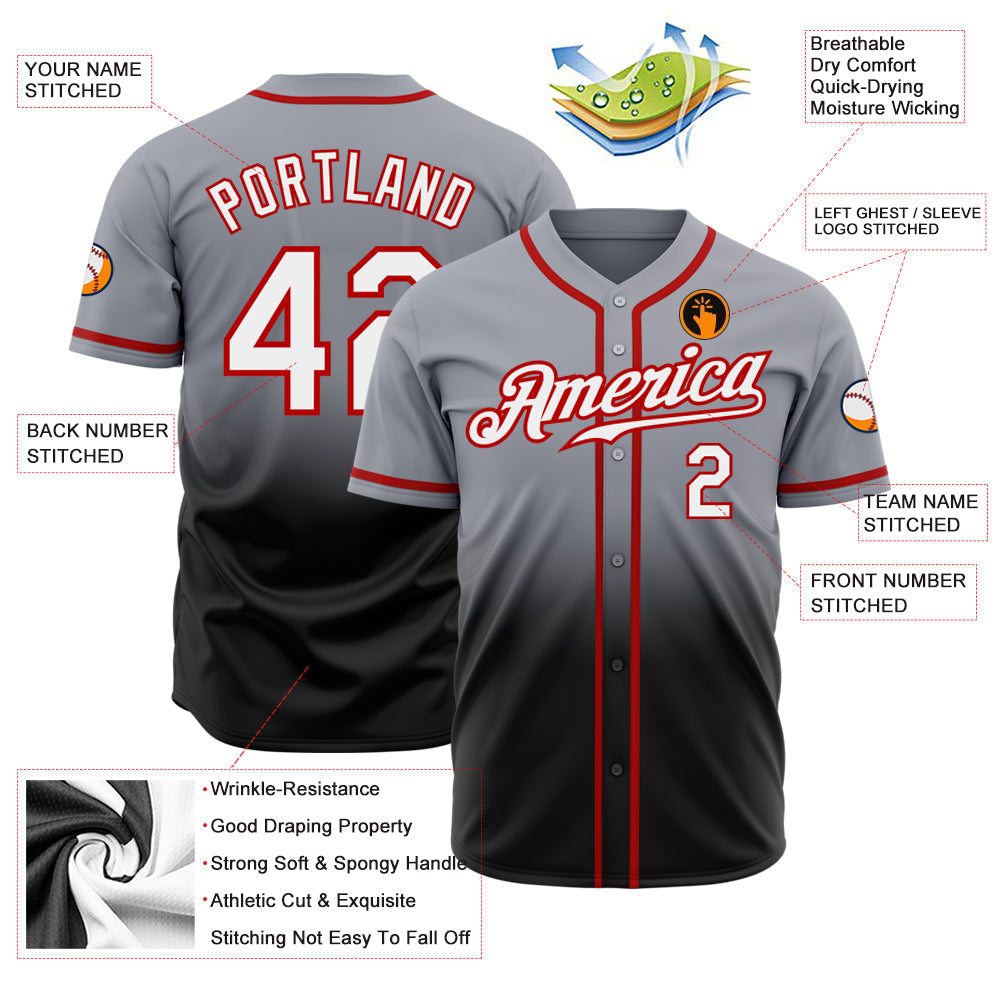 Custom Gray White Black-Red Authentic Fade Fashion Baseball Jersey baseball jersey product view 2