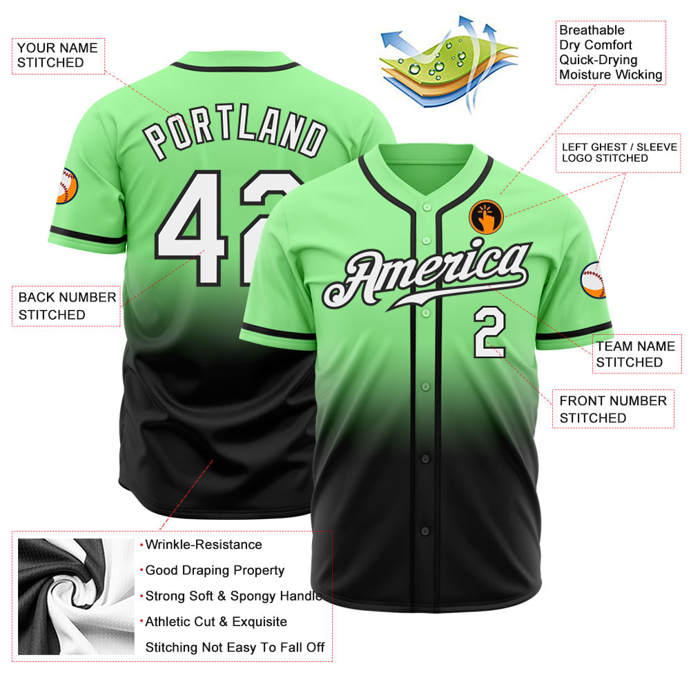 Custom Pea Green White-Black Authentic Fade Fashion Baseball Jersey baseball jersey product view 2