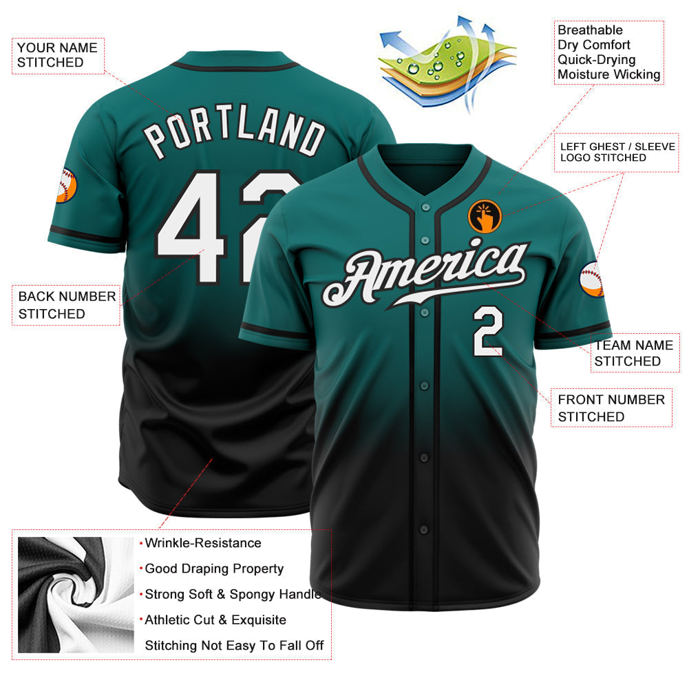 Custom Teal White-Black Authentic Fade Fashion Baseball Jersey baseball jersey product view 2
