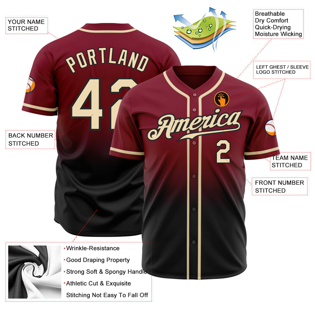 Custom Crimson Cream-Black Authentic Fade Fashion Baseball Jersey baseball jersey product view 2