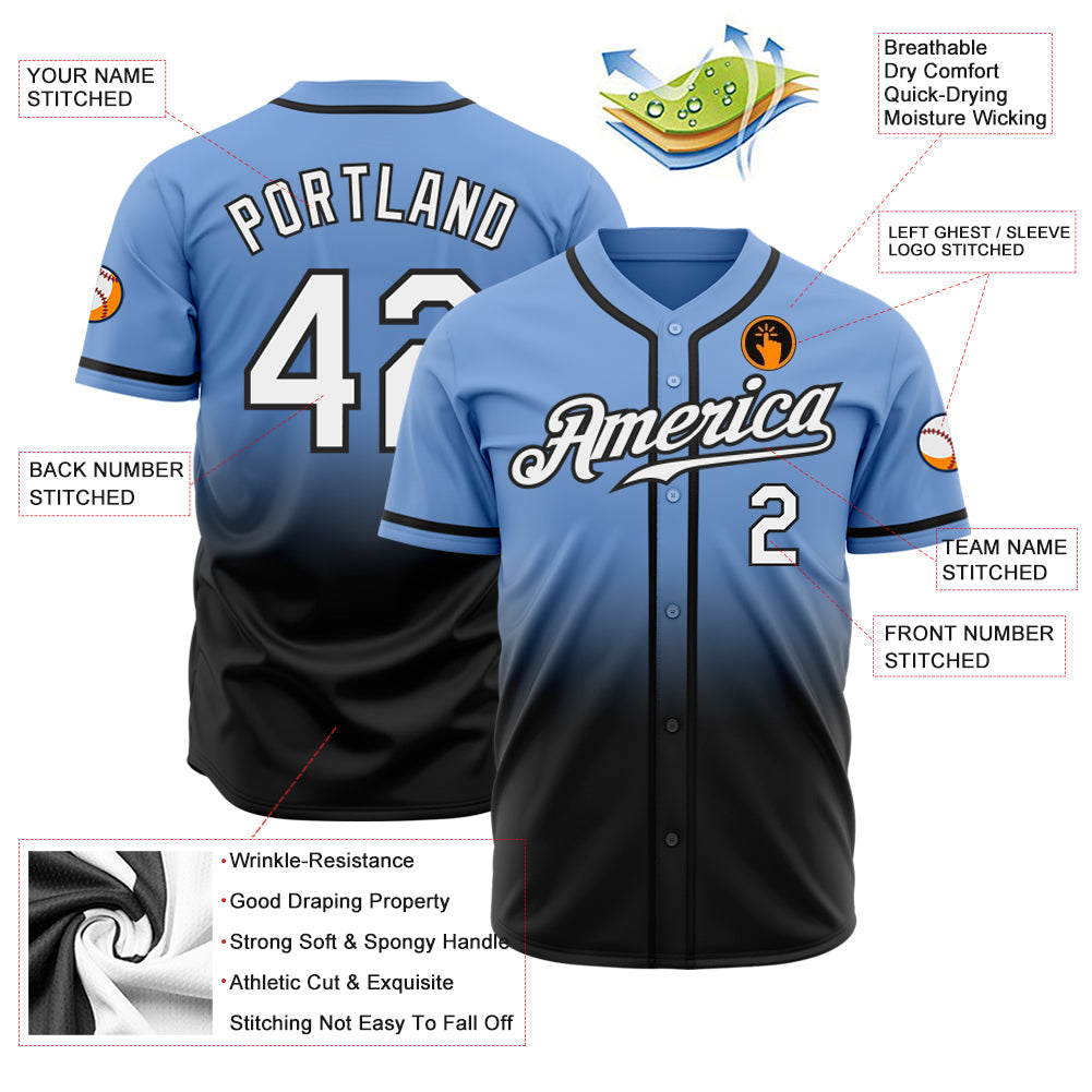 Custom Light Blue White-Black Authentic Fade Fashion Baseball Jersey baseball jersey product view 2