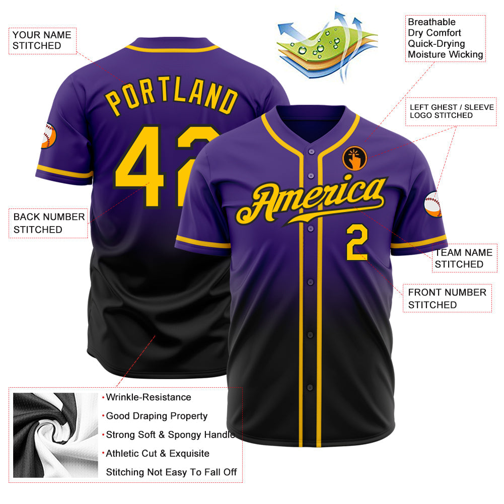 Custom Purple Gold-Black Authentic Fade Fashion Baseball Jersey baseball jersey product view 2