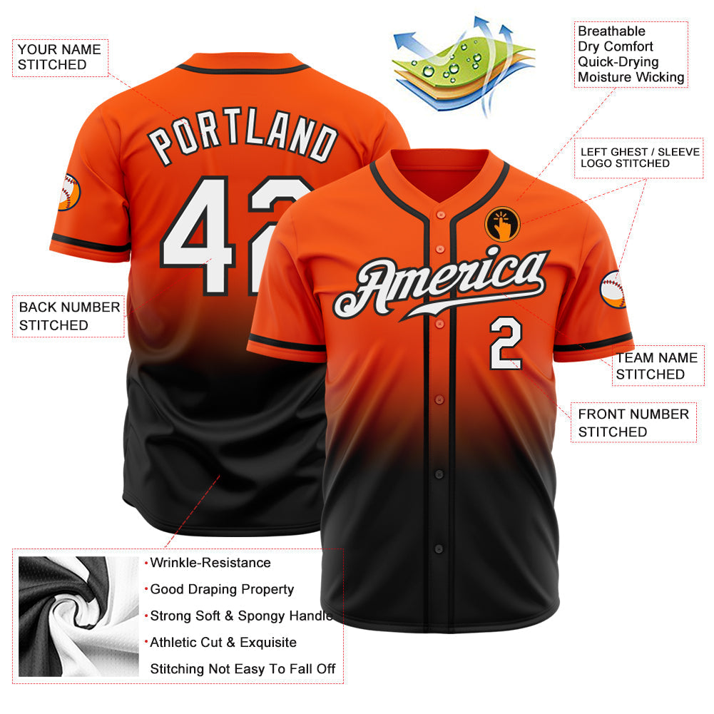 Custom Orange White-Black Authentic Fade Fashion Baseball Jersey baseball jersey product view 2
