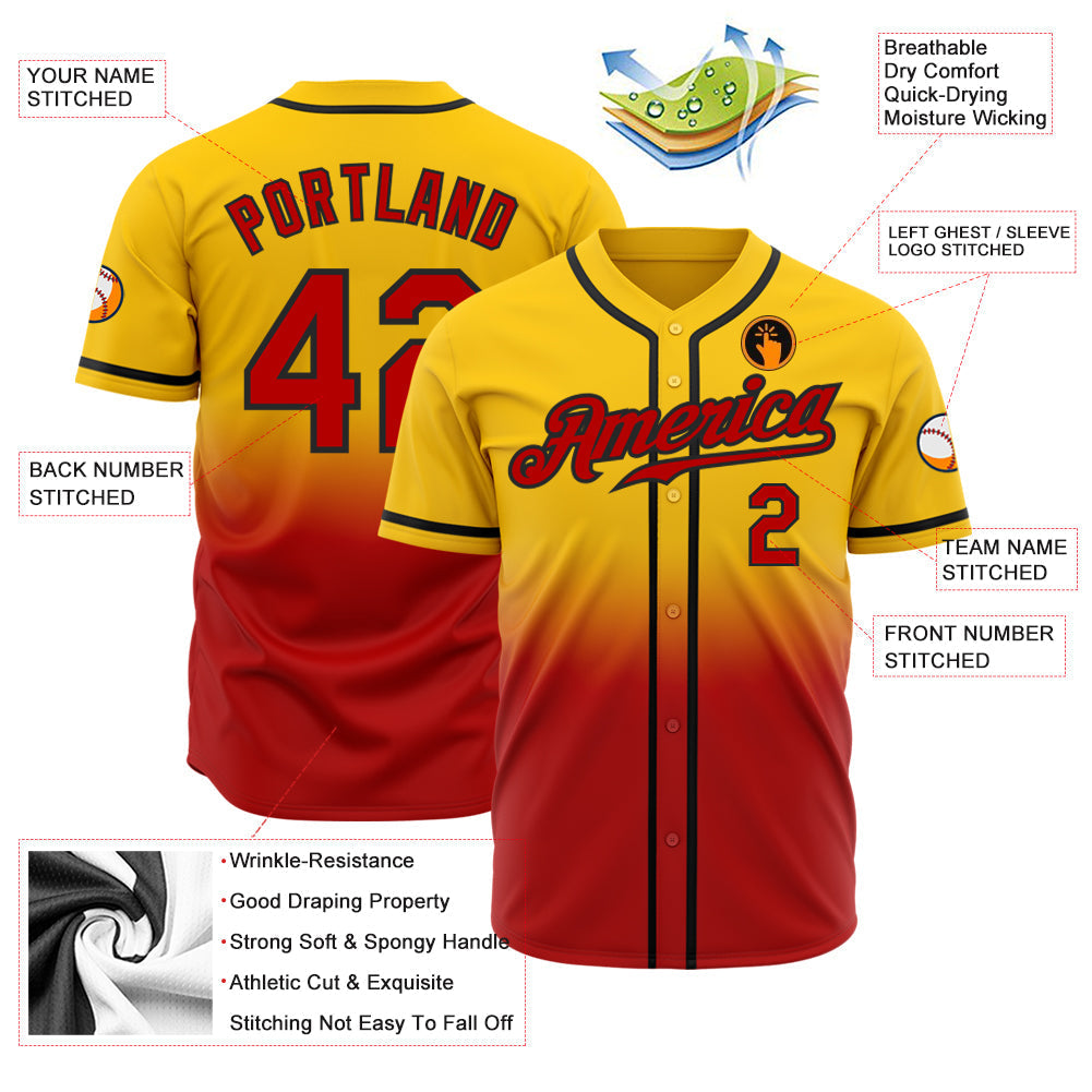 Custom Yellow Red-Black Authentic Fade Fashion Baseball Jersey baseball jersey product view 2