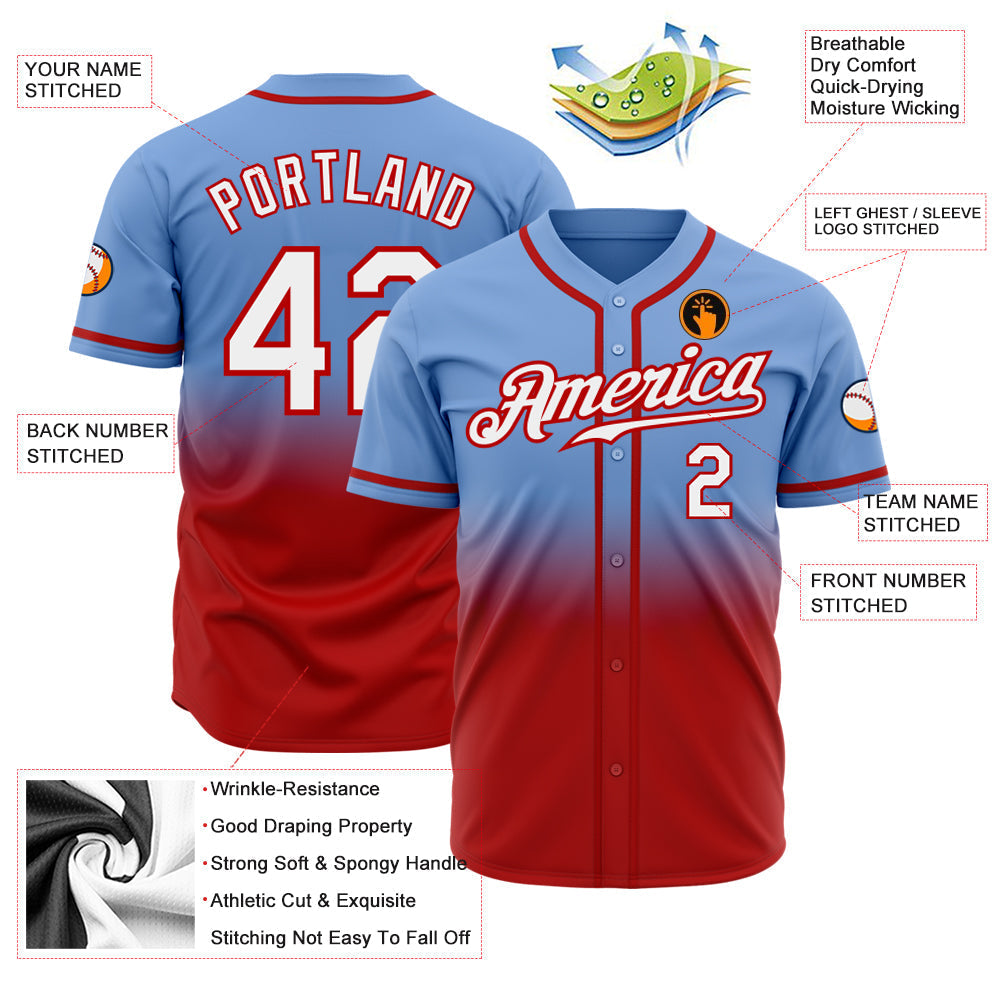 Custom Light Blue White-Red Authentic Fade Fashion Baseball Jersey baseball jersey product view 2