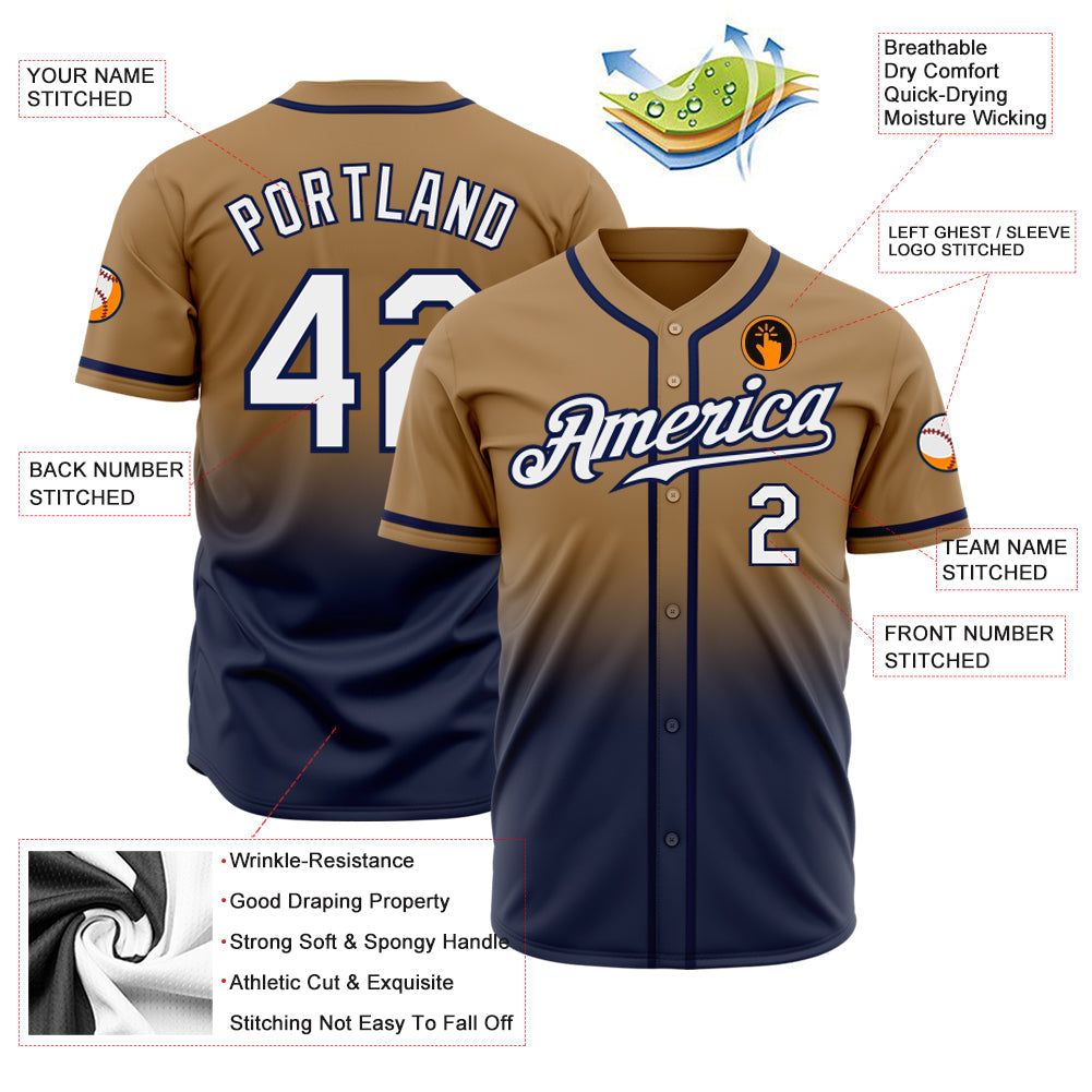 Custom Old Gold White-Navy Authentic Fade Fashion Baseball Jersey baseball jersey product view 2