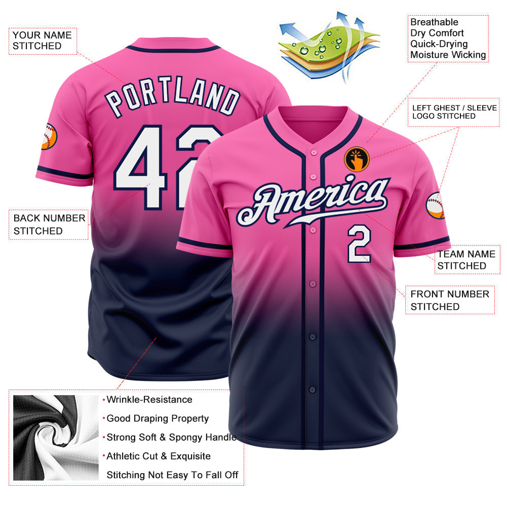 Custom Pink White-Navy Authentic Fade Fashion Baseball Jersey baseball jersey product view 2