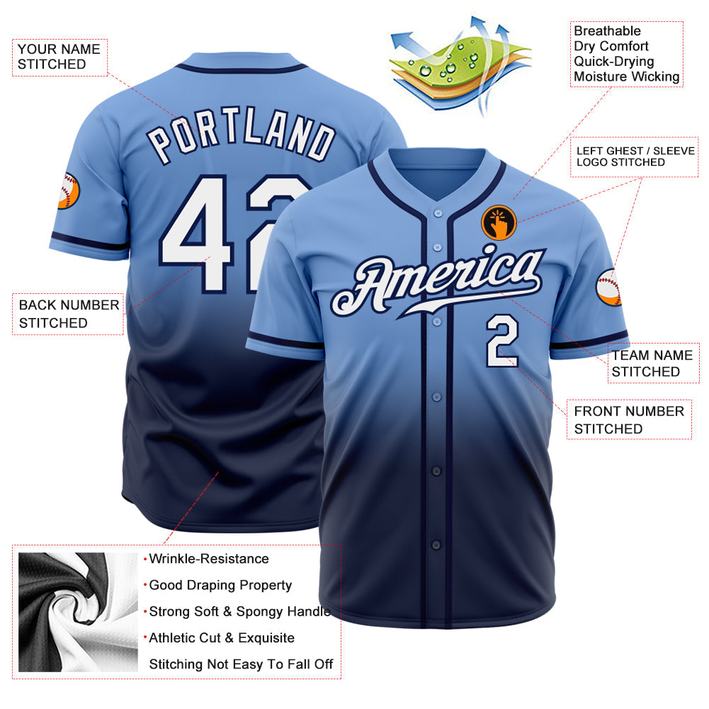 Custom Light Blue White-Navy Authentic Fade Fashion Baseball Jersey baseball jersey product view 2