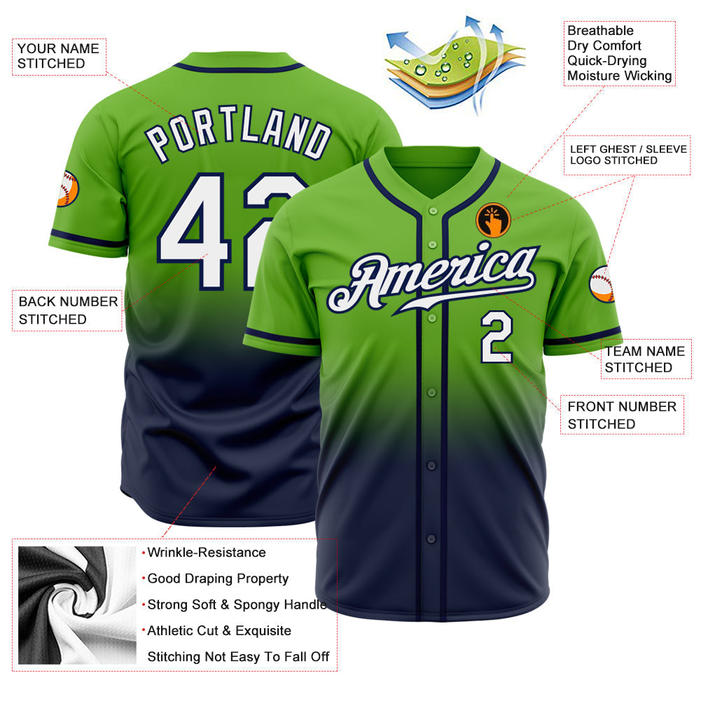 Custom Neon Green White-Navy Authentic Fade Fashion Baseball Jersey baseball jersey product view 2