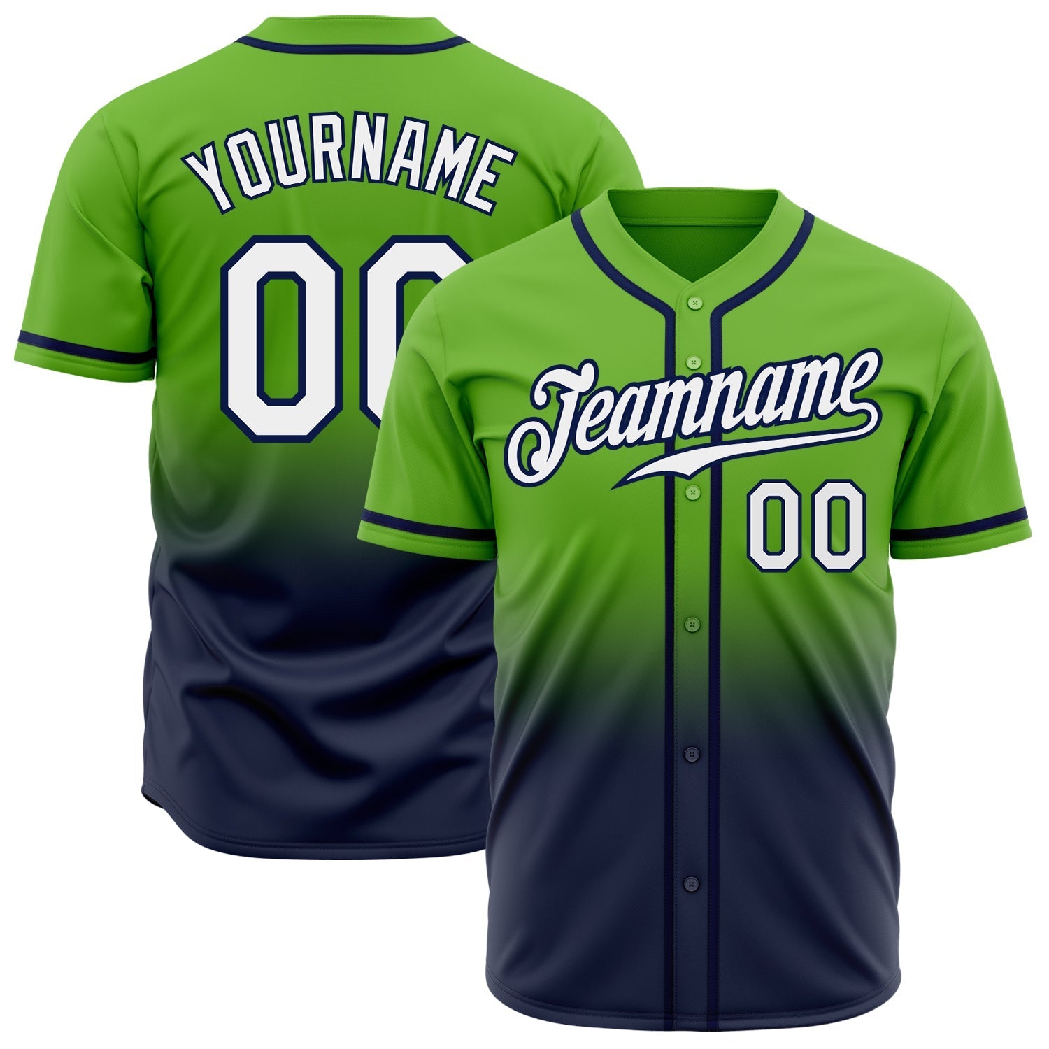 Custom Neon Green White-Navy Authentic Fade Fashion Baseball Jersey baseball jersey product view 1