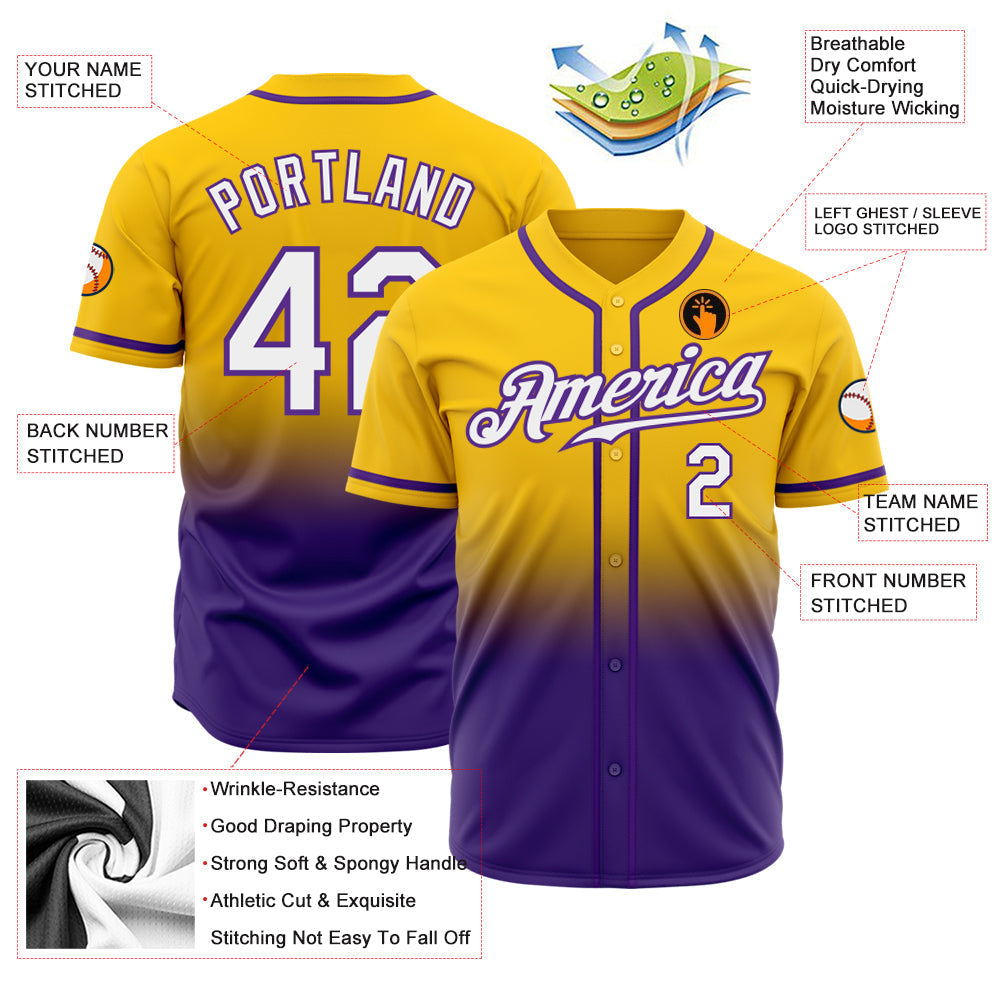 Custom Yellow White-Purple Authentic Fade Fashion Baseball Jersey baseball jersey product view 2