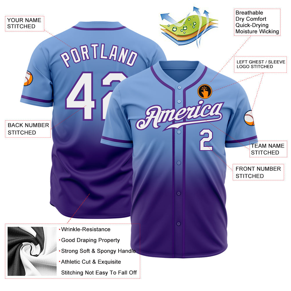 Custom Light Blue White-Purple Authentic Fade Fashion Baseball Jersey baseball jersey product view 2