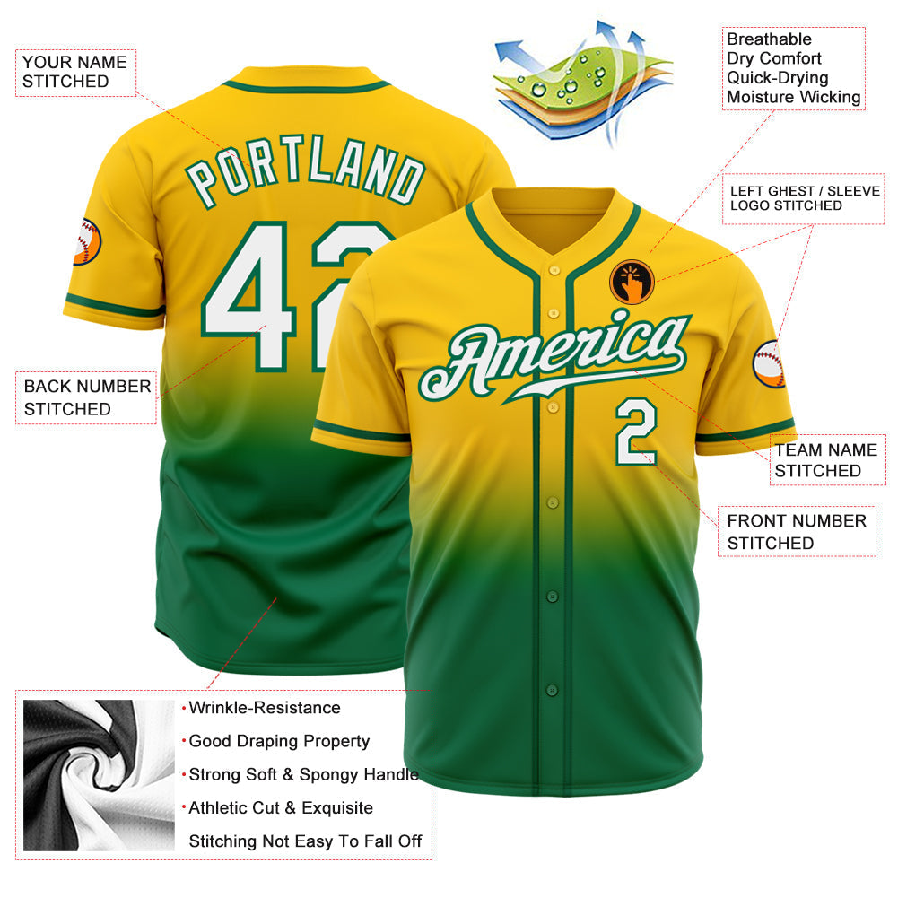 Custom Yellow White-Kelly Green Authentic Fade Fashion Baseball Jersey baseball jersey product view 2