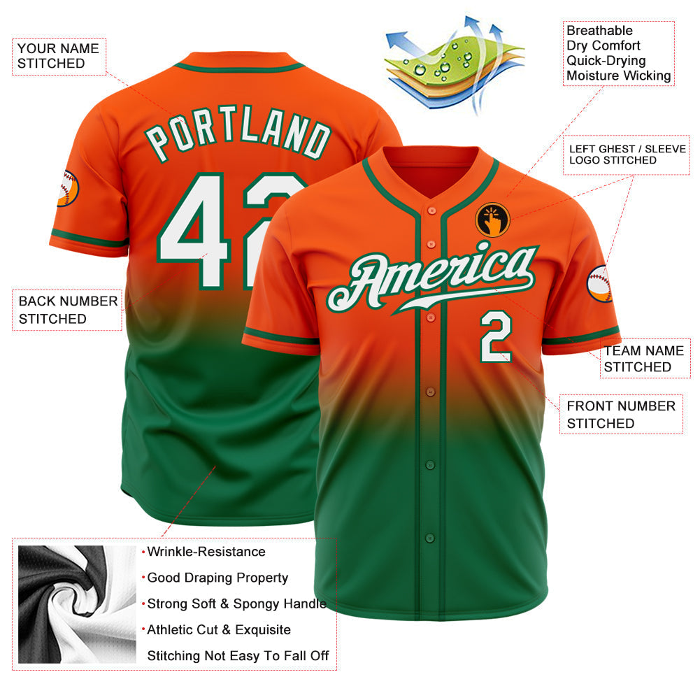 Custom Orange White-Kelly Green Authentic Fade Fashion Baseball Jersey baseball jersey product view 2