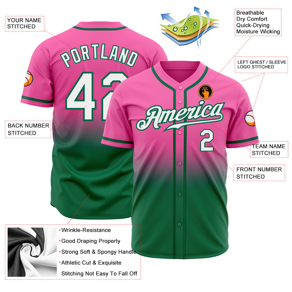 Custom Pink White-Kelly Green Authentic Fade Fashion Baseball Jersey baseball jersey product view 2