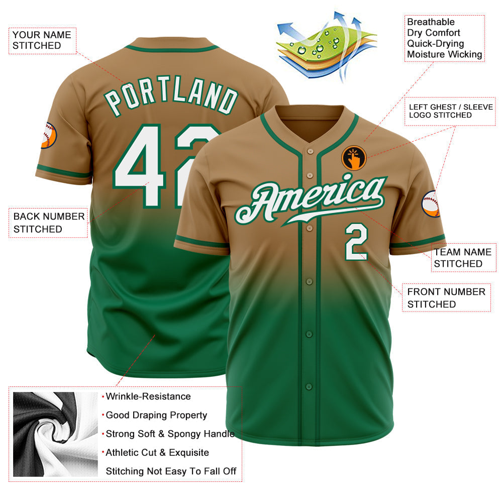 Custom Old Gold White-Kelly Green Authentic Fade Fashion Baseball Jersey baseball jersey product view 3
