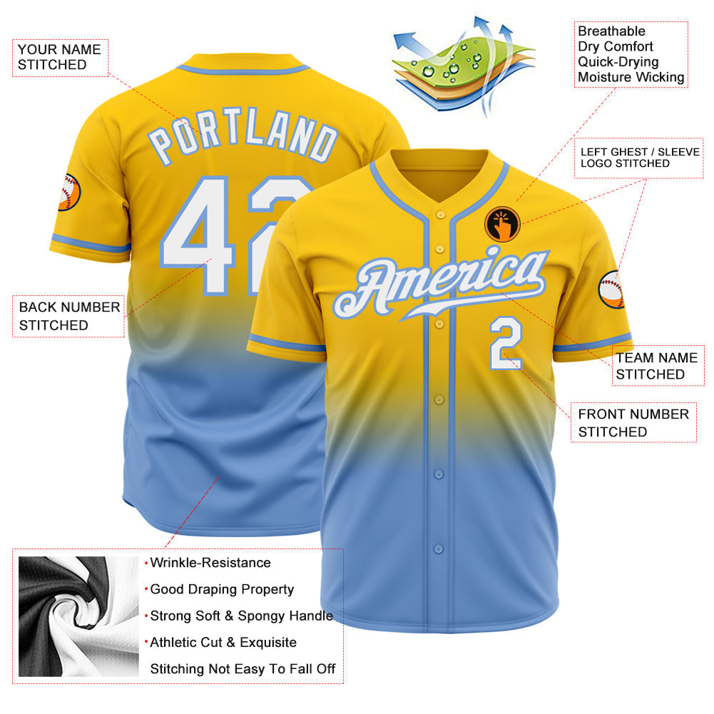 Custom Yellow White-Light Blue Authentic Fade Fashion Baseball Jersey baseball jersey product view 2