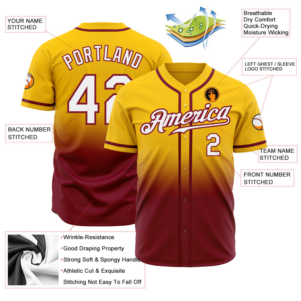 Custom Yellow White-Crimson Authentic Fade Fashion Baseball Jersey baseball jersey product view 2