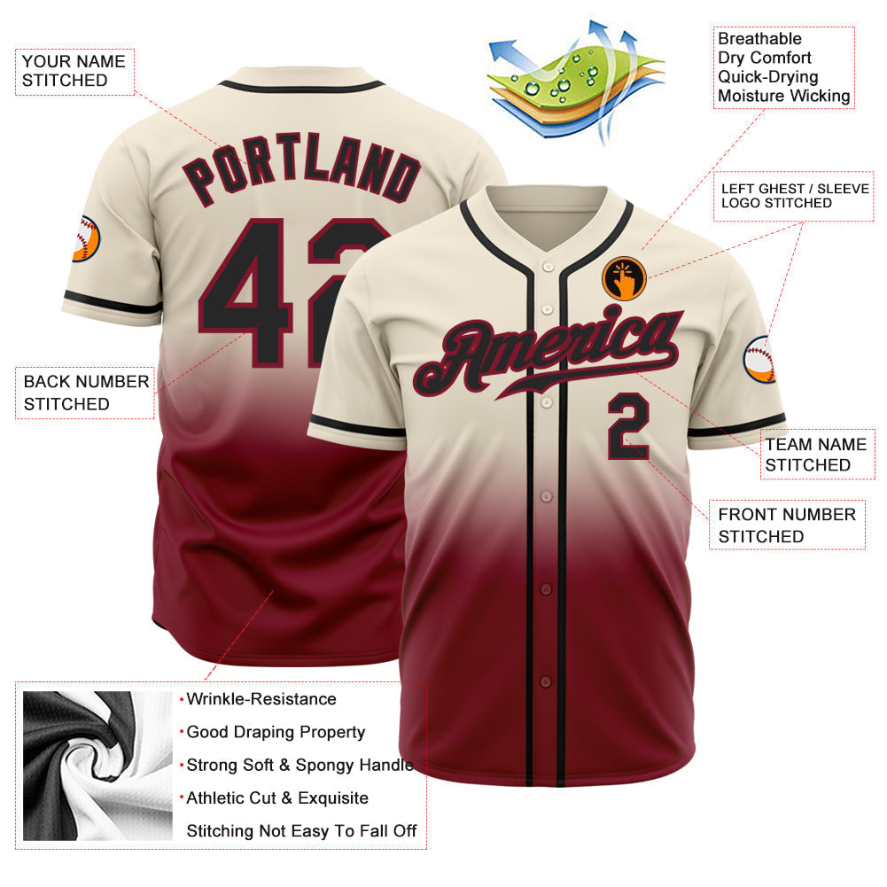Custom Cream Black-Crimson Authentic Fade Fashion Baseball Jersey baseball jersey product view 2