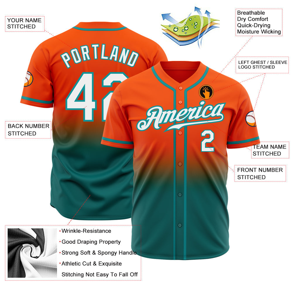 Custom Orange White-Teal Authentic Fade Fashion Baseball Jersey baseball jersey product view 2