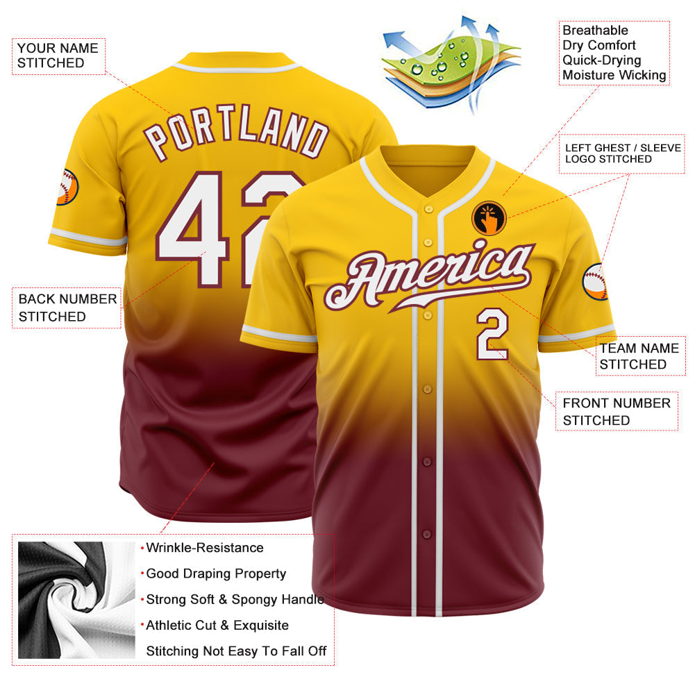 Custom Yellow White-Burgundy Authentic Fade Fashion Baseball Jersey baseball jersey product view 2