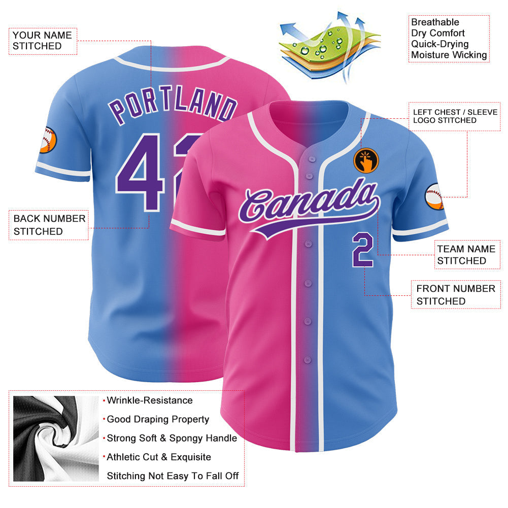 Custom Powder Blue Purple-Pink Authentic Gradient Fashion Baseball Jersey baseball jersey product view 3