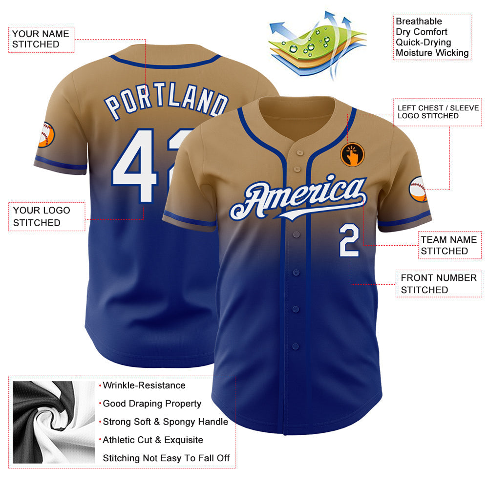 Custom Old Gold White-Royal Authentic Fade Fashion Baseball Jersey baseball jersey product view 2