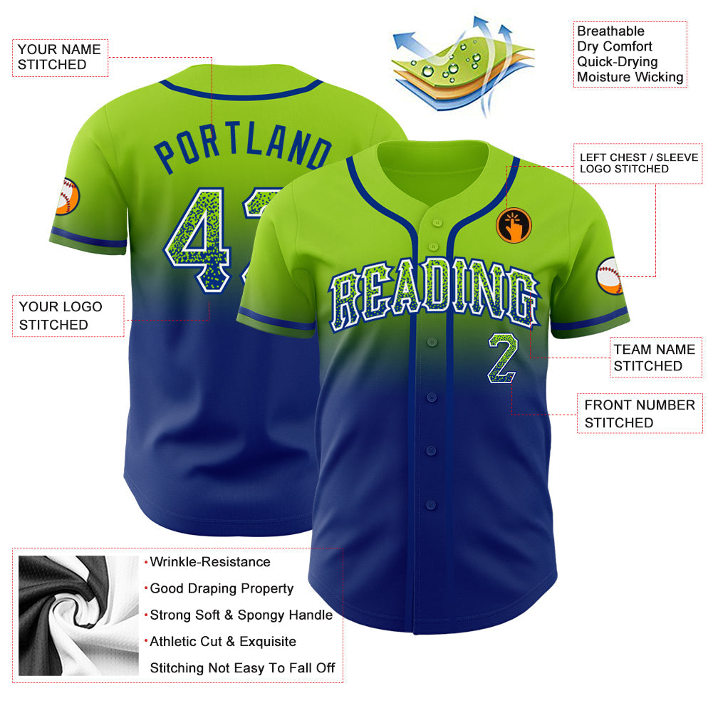 Custom Neon Green White-Royal Authentic Fade Fashion Baseball Jersey baseball jersey product view 4