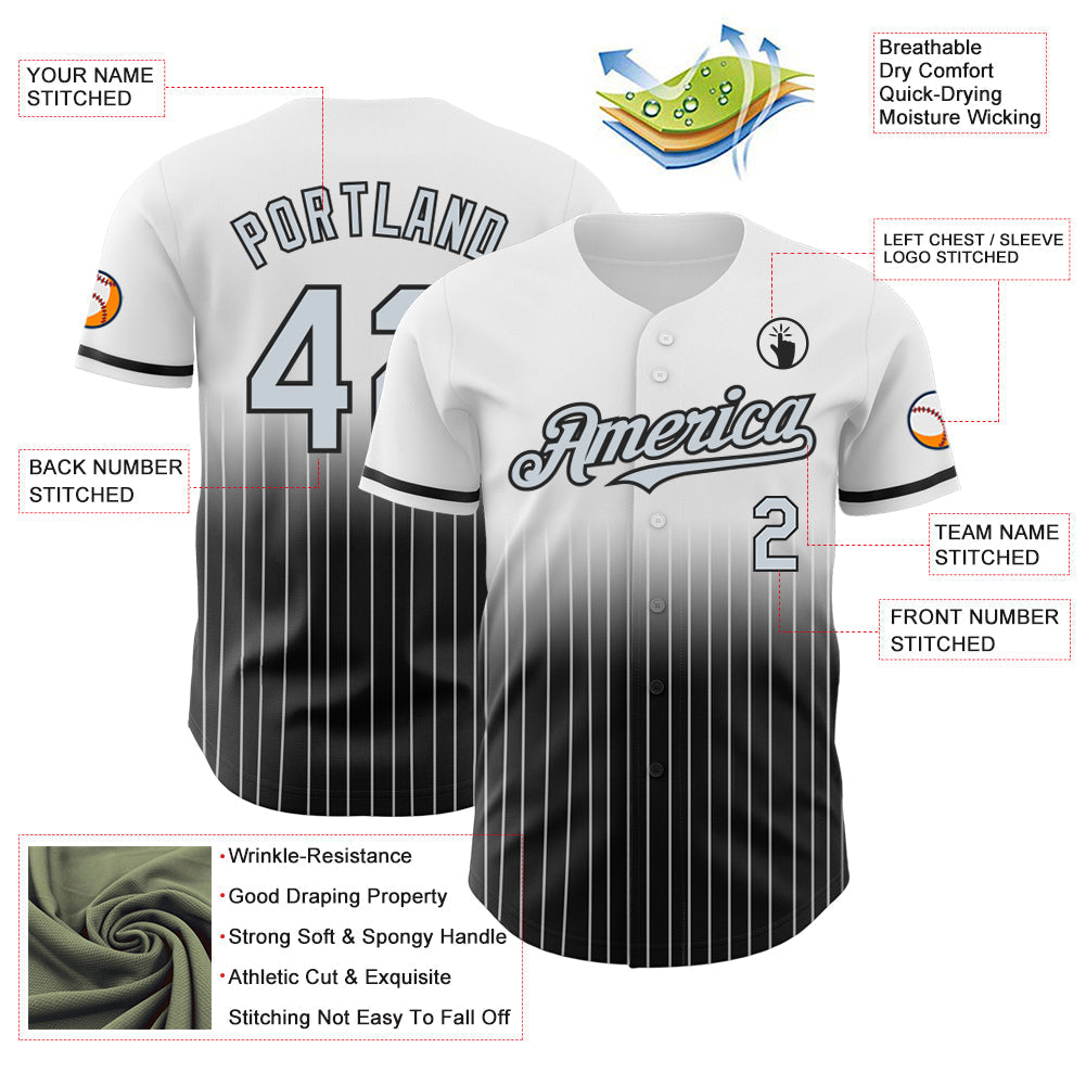 Custom White Pinstripe Silver-Black Authentic Fade Fashion Baseball Jersey baseball jersey product view 4