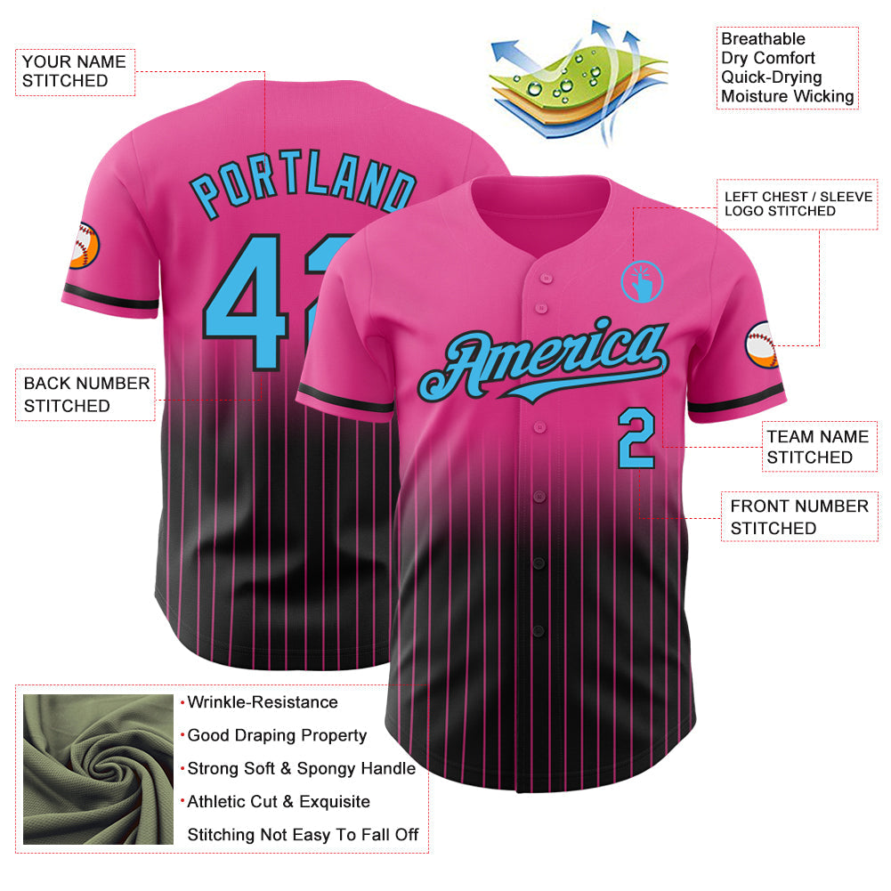 Custom Pink Pinstripe Sky Blue-Black Authentic Fade Fashion Baseball Jersey baseball jersey product view 4
