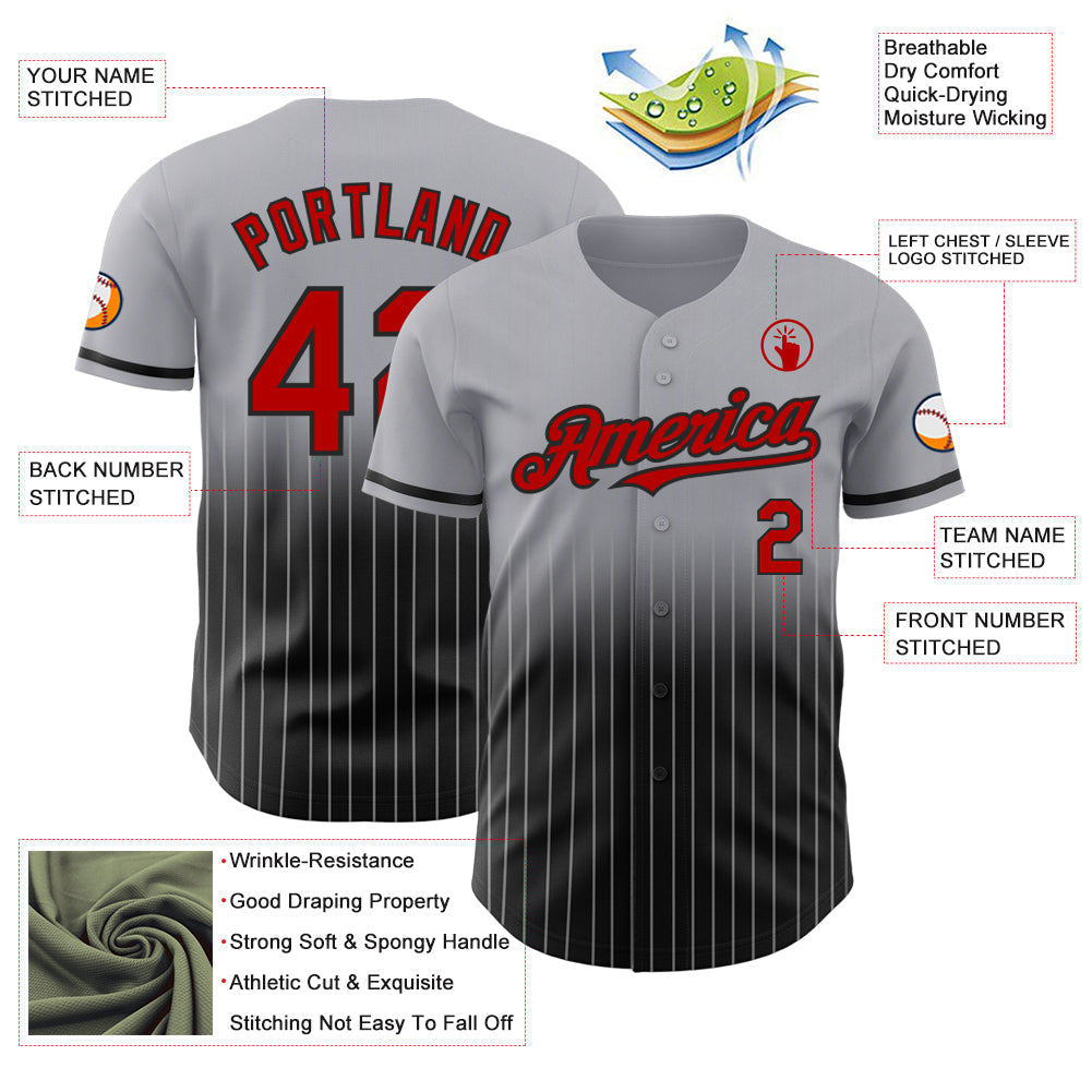 Custom Gray Pinstripe Red-Black Authentic Fade Fashion Baseball Jersey baseball jersey product view 4