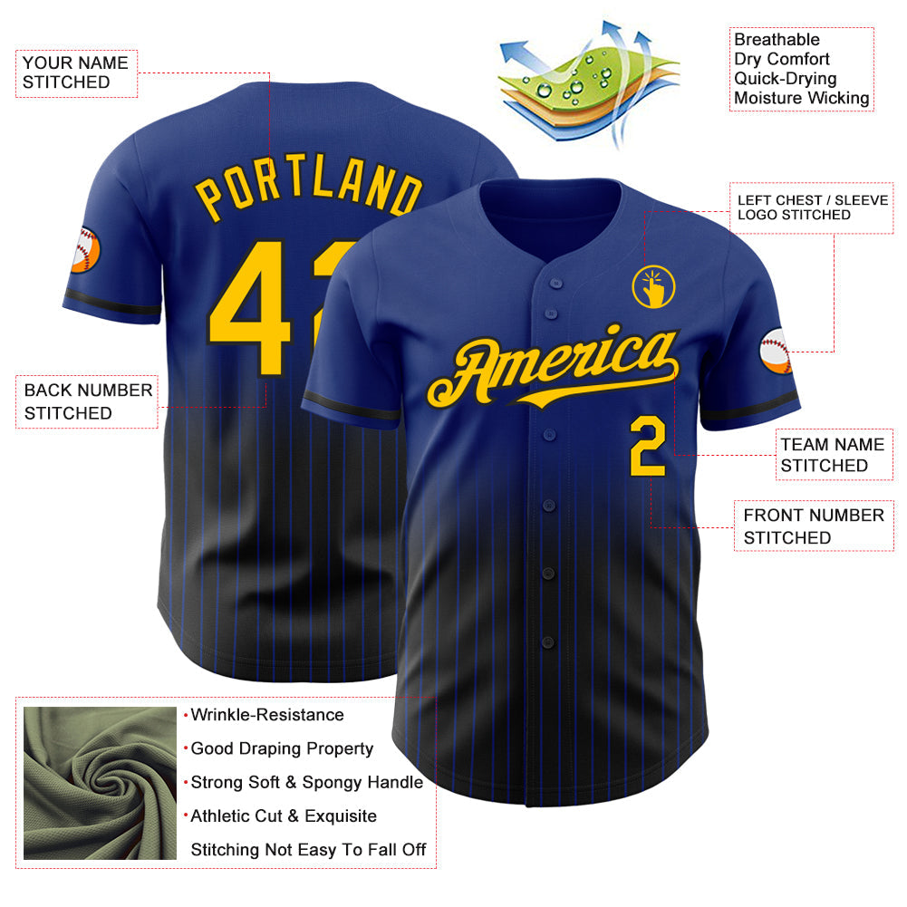 Custom Royal Pinstripe Yellow-Black Authentic Fade Fashion Baseball Jersey baseball jersey product view 4