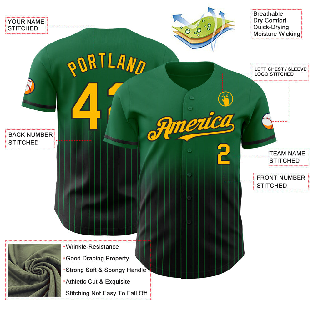 Custom Kelly Green Pinstripe Gold-Black Authentic Fade Fashion Baseball Jersey baseball jersey product view 4