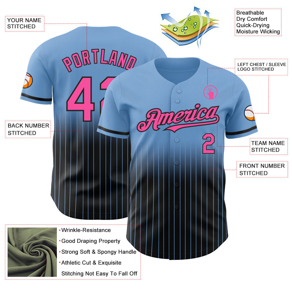 Custom Light Blue Pinstripe Pink-Black Authentic Fade Fashion Baseball Jersey baseball jersey product view 4