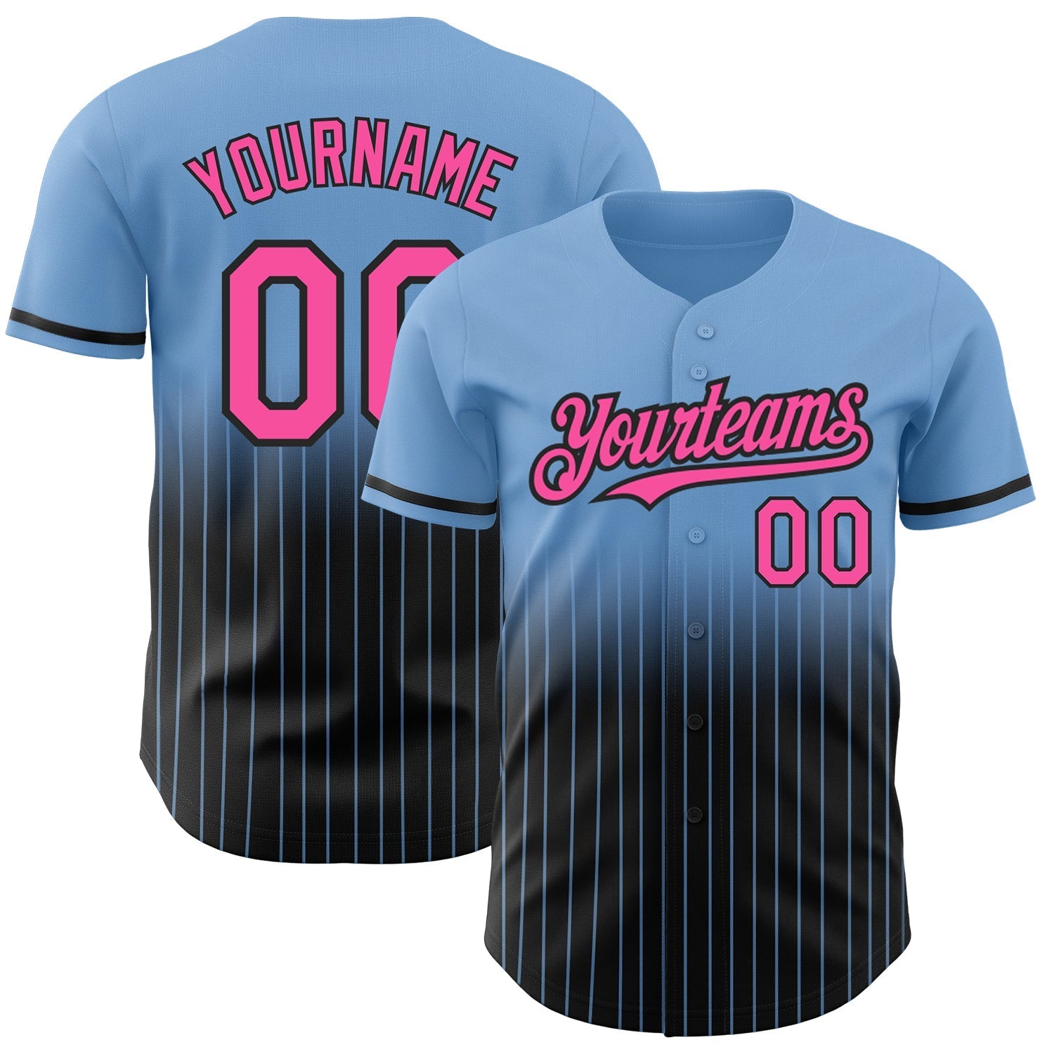 Custom Light Blue Pinstripe Pink-Black Authentic Fade Fashion Baseball Jersey baseball jersey product view 1