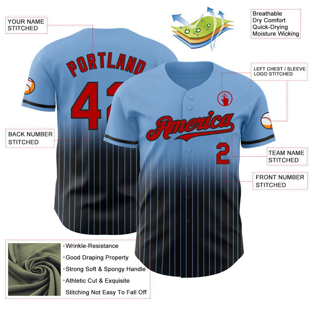 Custom Light Blue Pinstripe Red-Black Authentic Fade Fashion Baseball Jersey baseball jersey product view 4