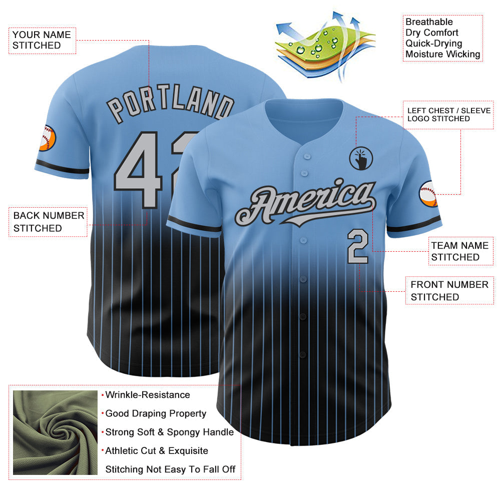 Custom Light Blue Pinstripe Gray-Black Authentic Fade Fashion Baseball Jersey baseball jersey product view 4