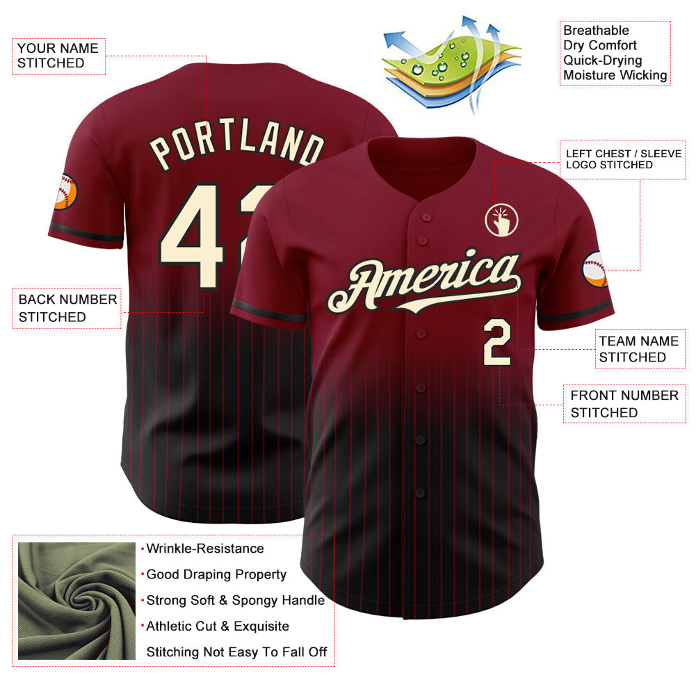 Custom Crimson Pinstripe Cream-Black Authentic Fade Fashion Baseball Jersey baseball jersey product view 4